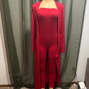 Chic Red Women's Jumpsuit with Long Cardigan